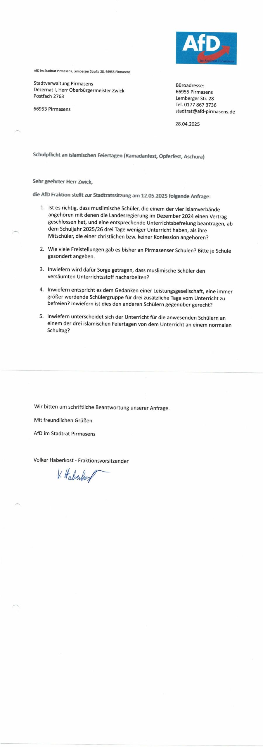 AfD-Anfrage Schulpflicht an islamischen Feiertage 12.05.2025