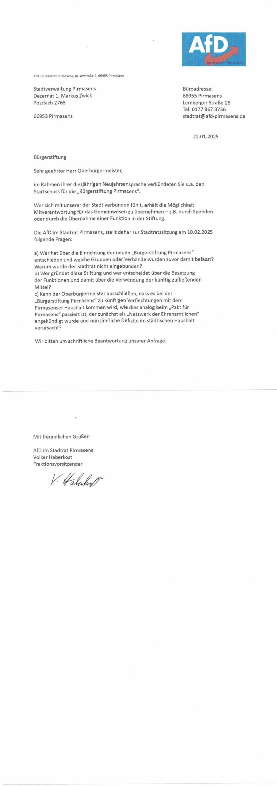 AfD Anfrage Bürgerstiftung 22.01.2025